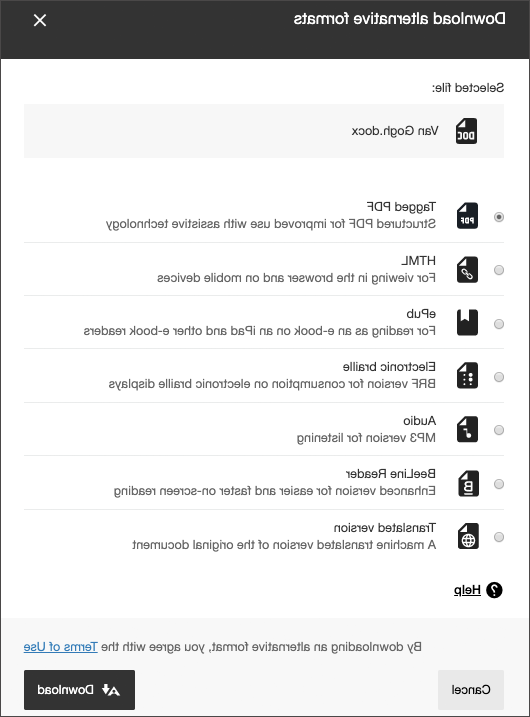 Ally alternative format download window showing the variety of available options to choose from.